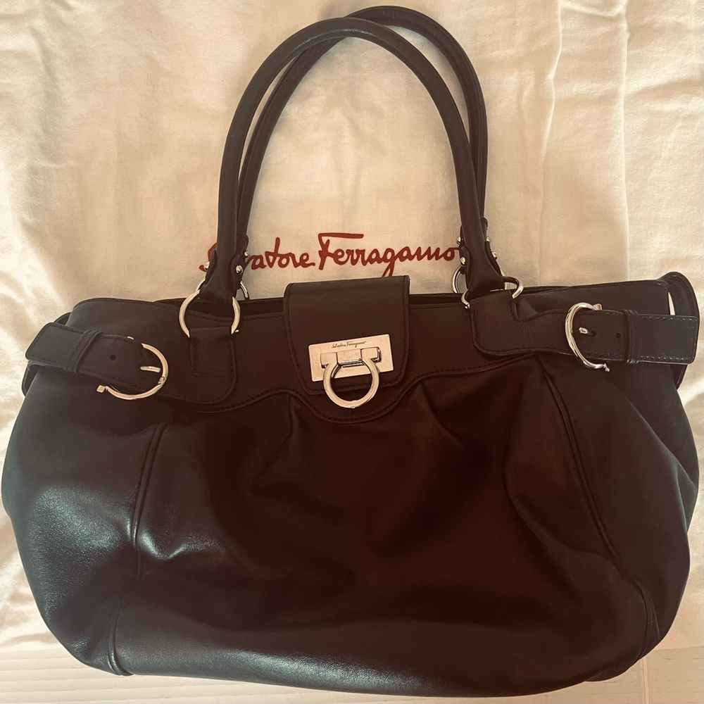 FERRAGAMO Black Soft Leather Bag Purse Silver Hardware Authentic Like New!! - Picture 2 of 12
